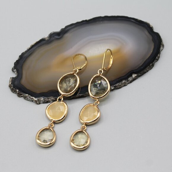 Jewelry earrings gold tone drop dangle with stones fashion elegant beautiful - Picture 2 of 11